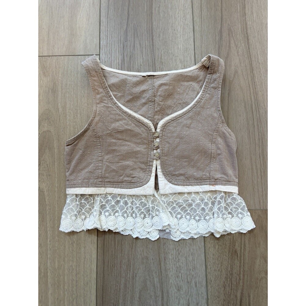 Japanese brand Axes Femme Linen tan Vest White Lace women XS Blouse vtg coquette